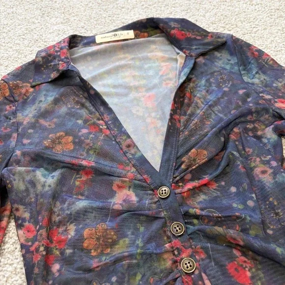 Natural Life Carina Mesh Top Womens S Blue Floral Cottage Whimsigoth Fairy Witch - Picture 2 of 9